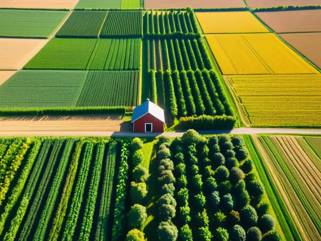 Un exuberante campo orgánico sostenible se extiende bajo el cálido sol, con cultivos y una granja al fondo