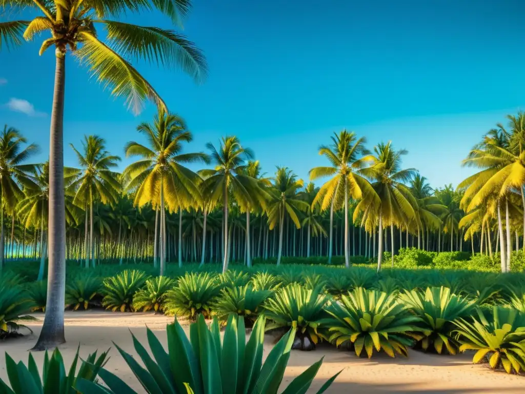 Un exuberante cocotero en el Caribe, con palmeras altas y delgadas que se pierden en el horizonte