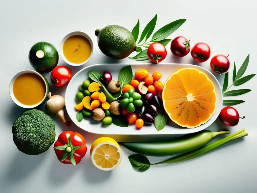 Una exuberante composición de ingredientes caribeños orgánicos en una mesa blanca