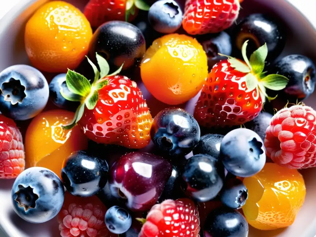 Una exuberante y detallada fotografía de una deliciosa mezcla de bayas orgánicas, con colores vibrantes y texturas brillantes