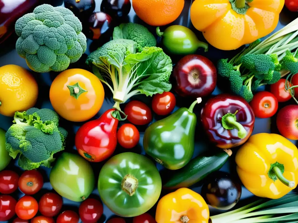 Una exuberante y detallada imagen de frutas y verduras orgánicas, brillantes con gotas de agua, muestra una variedad de colores vibrantes