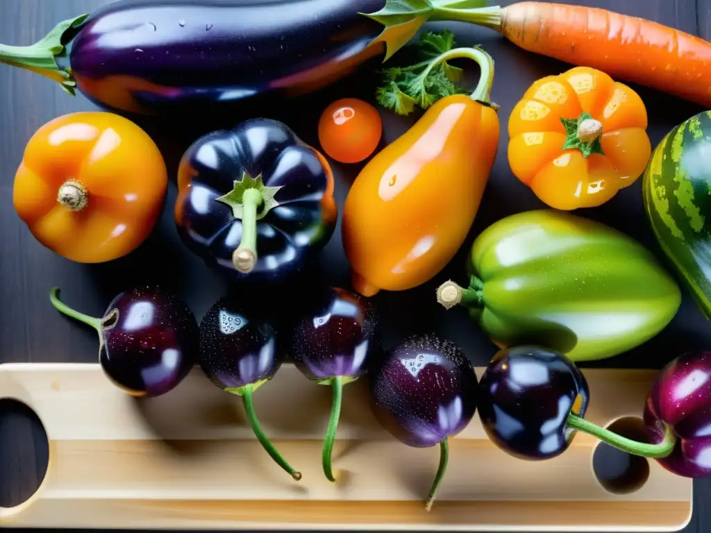 Una exuberante y detallada imagen de frutas y verduras orgánicas, con gotas de agua brillando en sus superficies