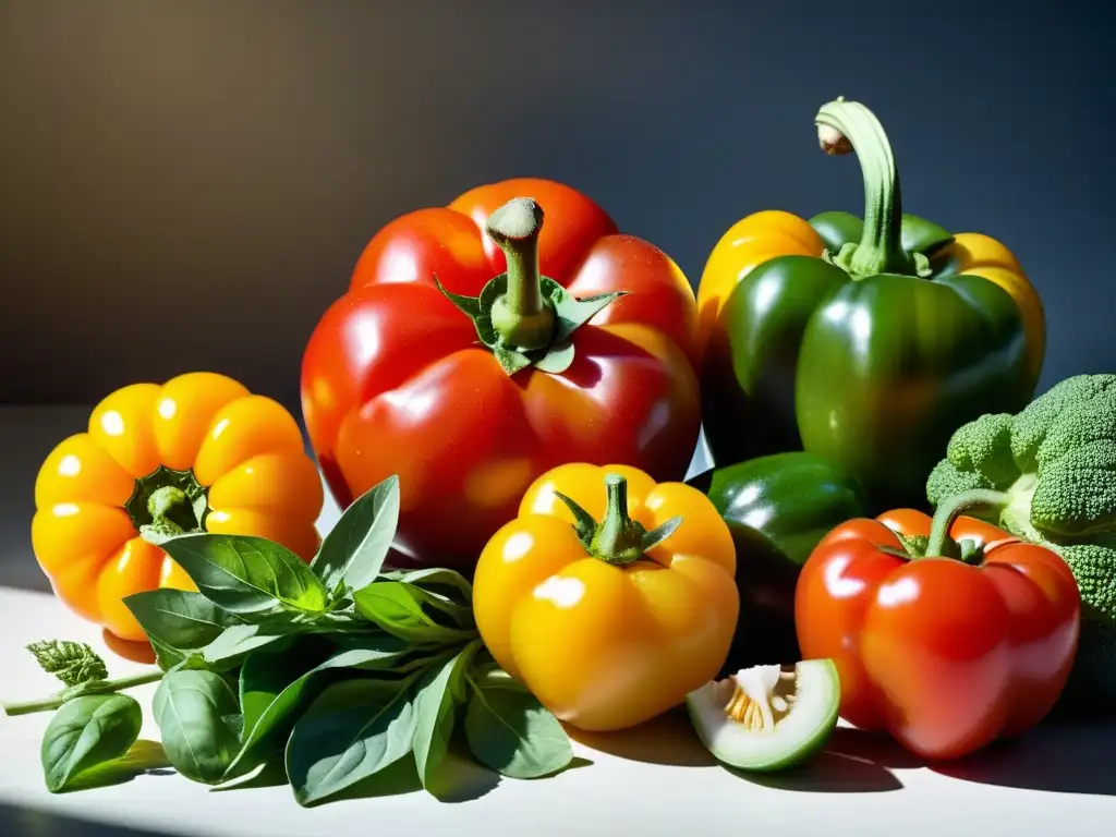 Una exuberante y detallada imagen de una variedad de productos orgánicos de temporada, como tomates, verduras, pimientos y hierbas frescas