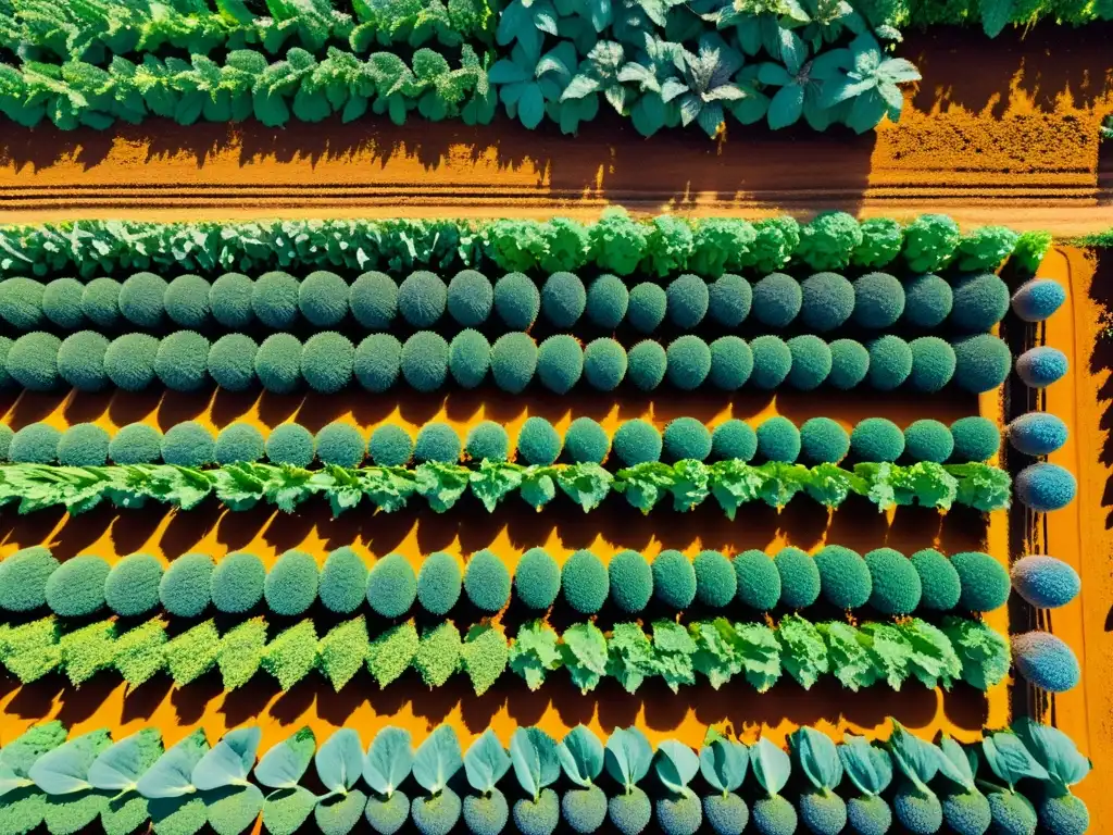 Una exuberante y diversa granja orgánica, con hileras de frutas y verduras enriquecidas por la luz y la biodiversidad