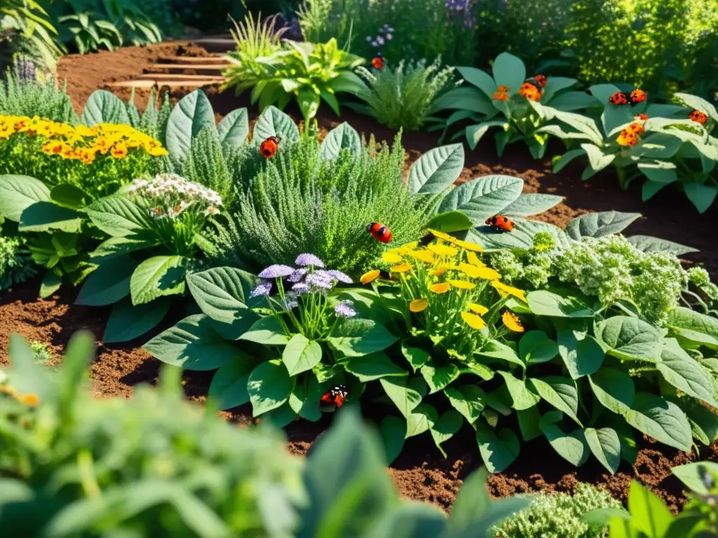 Jardín permacultural exuberante con diversidad de plantas y flores atrayentes de insectos