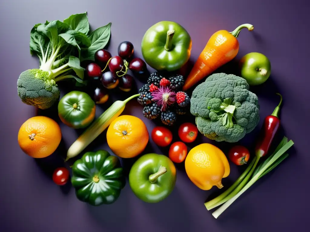 Una exuberante exhibición de alimentos orgánicos en dieta vegetariana: frutas y verduras vibrantes en composición minimalista