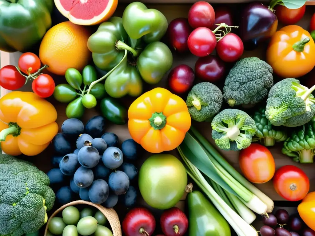 Una exuberante exhibición de frutas y verduras orgánicas, resaltando la diversidad y belleza de los alimentos a base de plantas