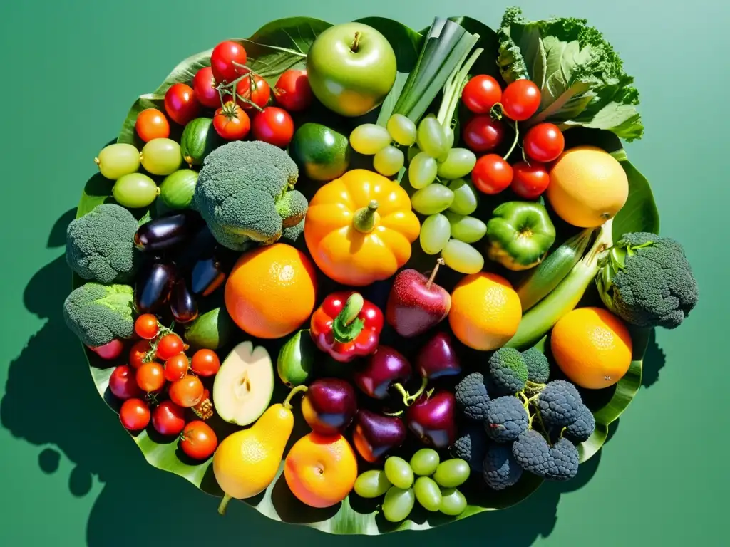 Una exuberante exhibición de frutas y verduras orgánicas en un patrón circular, resaltando sus colores vibrantes y texturas únicas