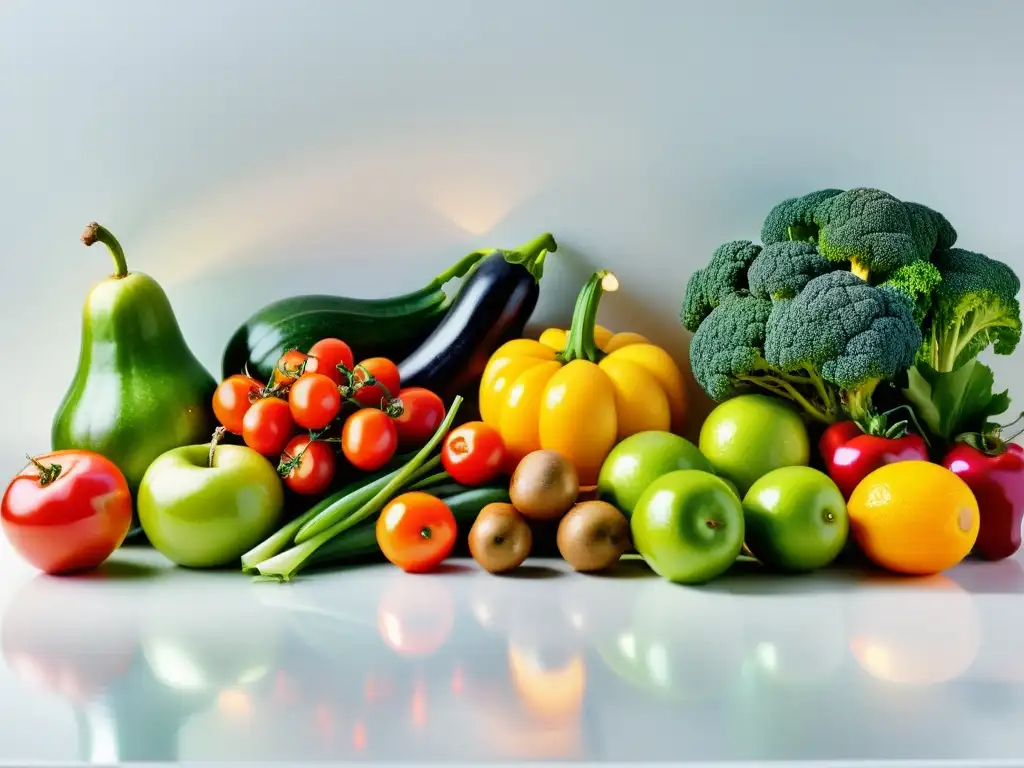 Una exuberante exhibición de frutas y verduras orgánicas, brillantes y coloridas, evocando vitalidad y nutrición