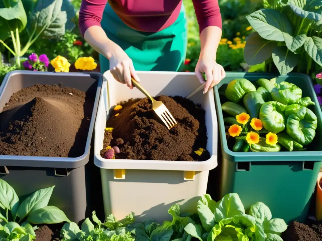 Un jardín exuberante con flores y hortalizas rodeado de composteras