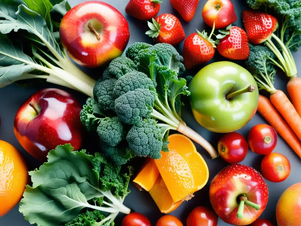 Selección fresca de frutas y verduras orgánicas Una exuberante y fresca selección de alimentos orgánicos prevención cáncer: manzanas rojas, kale verde, fresas y zanahorias naranjas