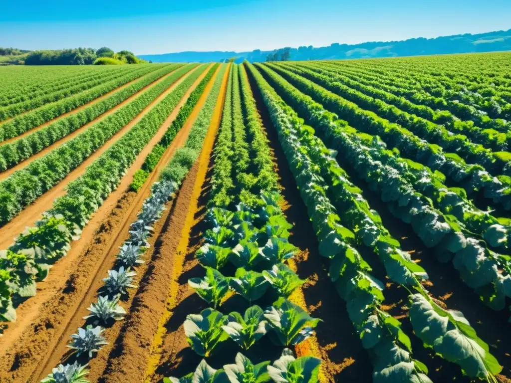 Exuberante granja orgánica con cultivos diversos bajo el sol, reflejando salud y armonía