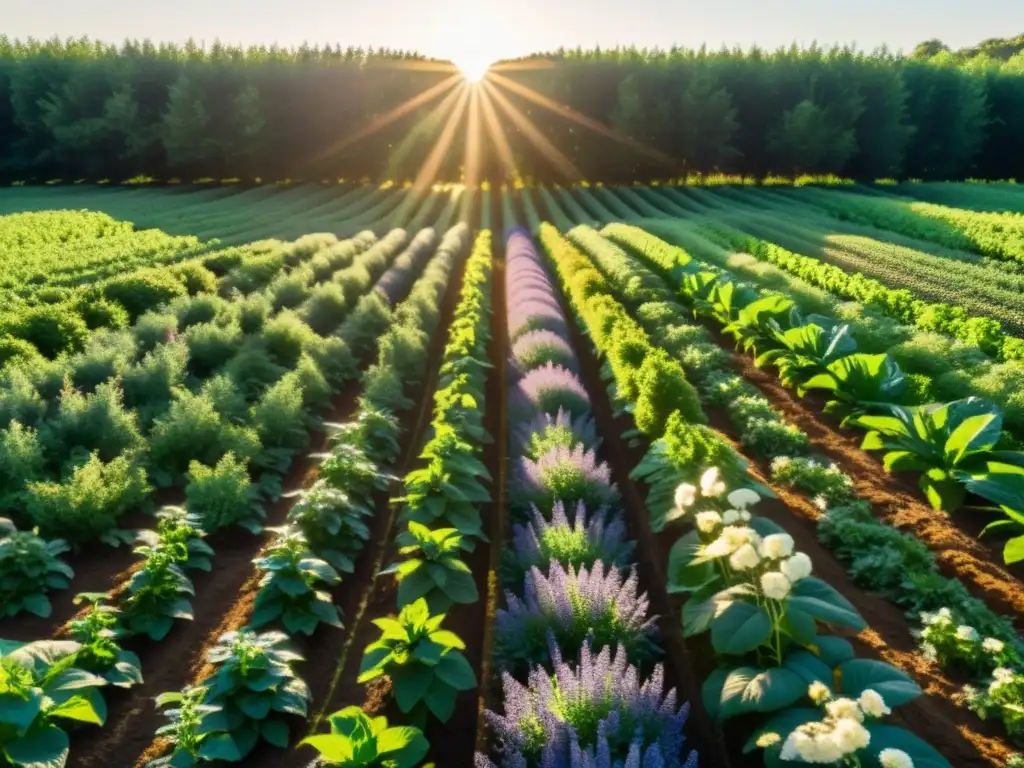 Una exuberante granja orgánica con diversidad de cultivos y vida silvestre