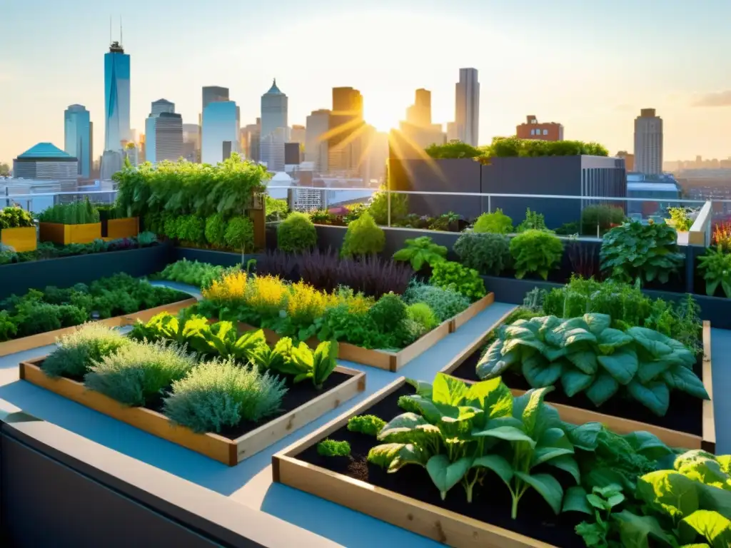 Una exuberante huerta urbana llena de verdor, con vegetales y hierbas en camas elevadas