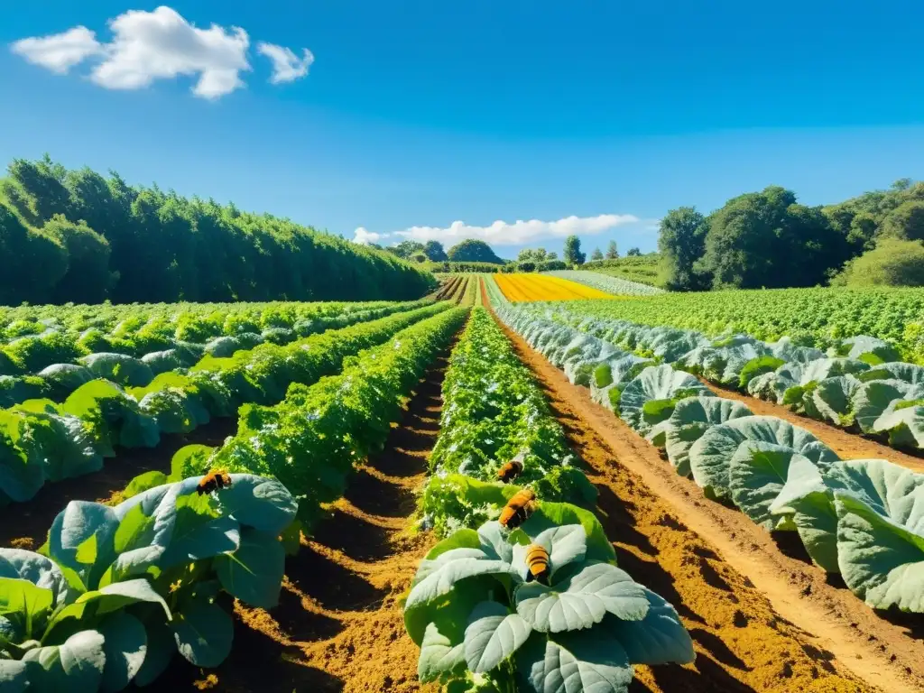 Un exuberante huerto orgánico con frutas y verduras coloridas bajo un cielo azul