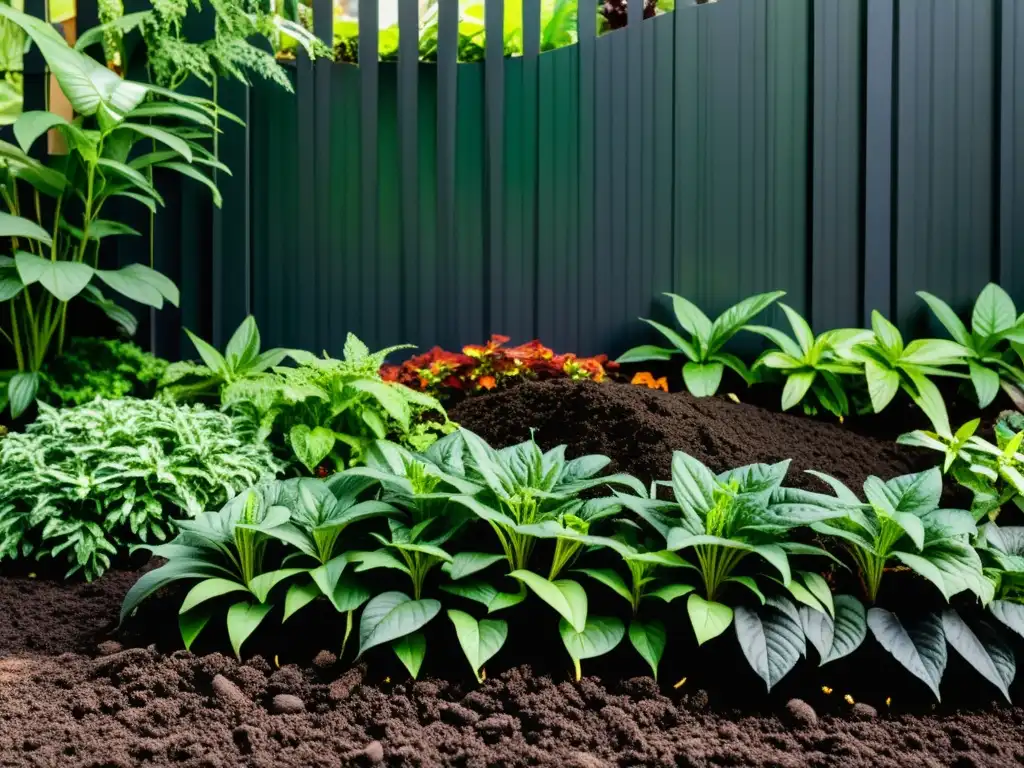 Un exuberante lecho de jardín con plantas coloridas y prósperas, rodeado de compostaje y permacultura natural