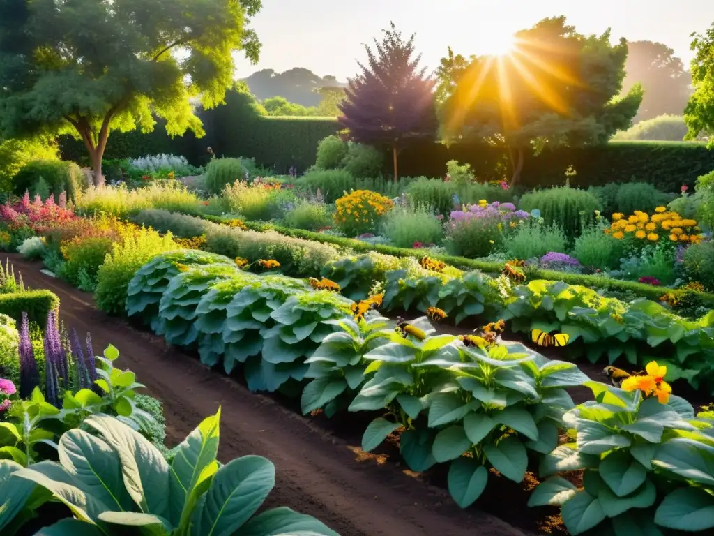 Un exuberante jardín orgánico con plantas vibrantes, flores coloridas y verduras maduras bajo el cálido sol