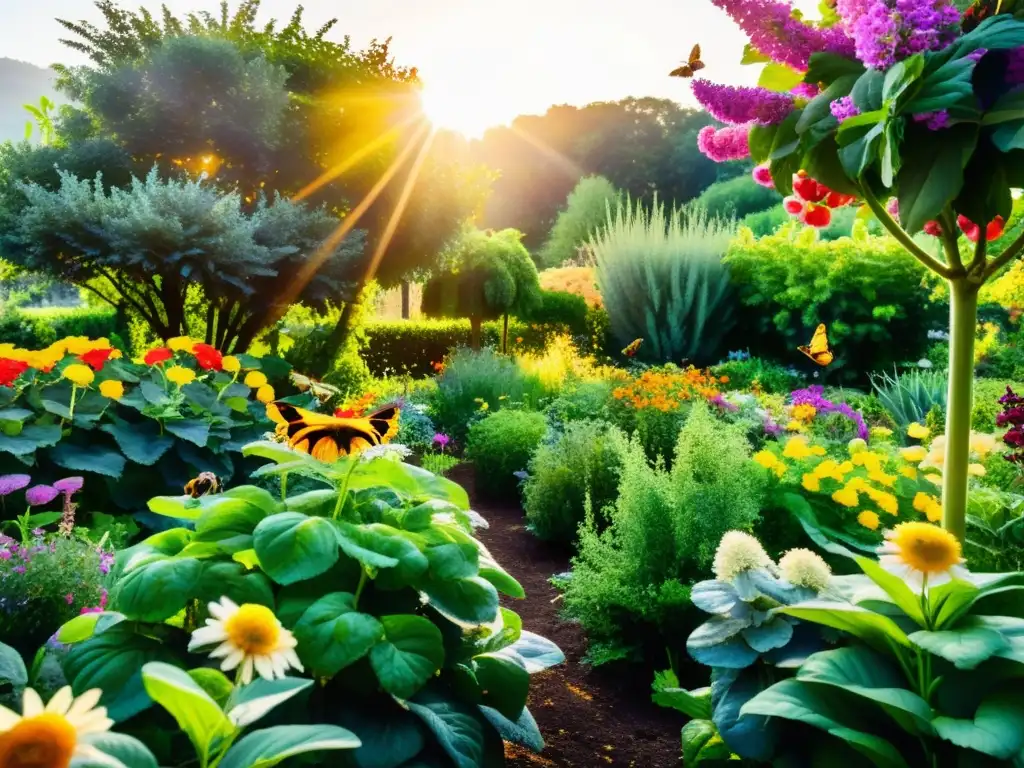 Un exuberante jardín orgánico rebosante de frutas y verduras, con flores coloridas