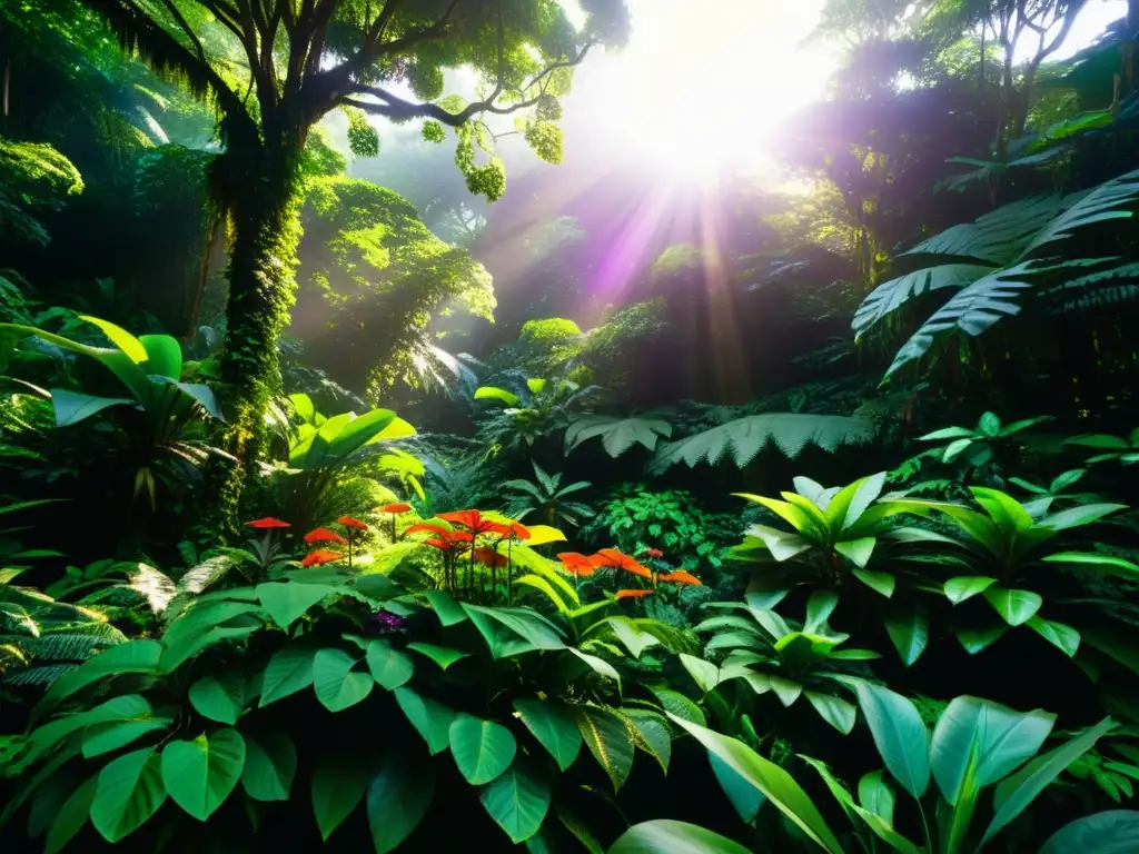 Un exuberante paisaje selvático con cultivos orgánicos en la selva, resplandeciendo en colores intensos y naturaleza exuberante