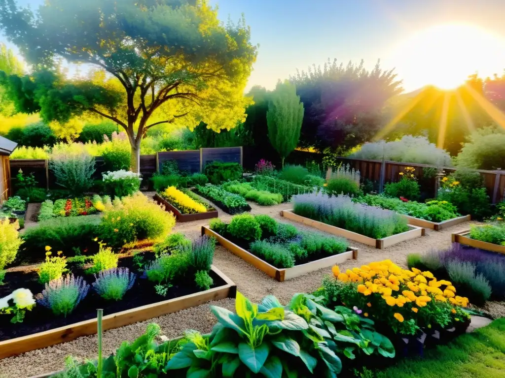 Un exuberante jardín de permacultura con camas elevadas repletas de verduras y hierbas, rodeado de árboles frutales y arbustos florales