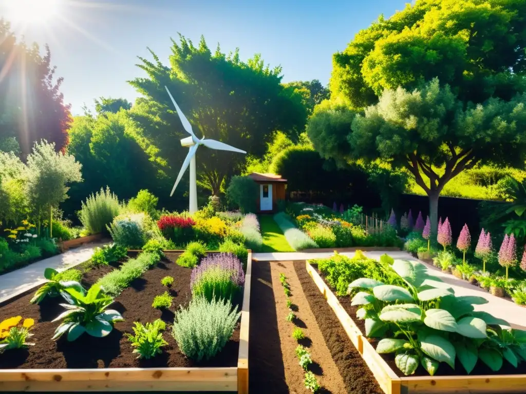 Un jardín exuberante de permacultura con camas elevadas ordenadas, plantas vibrantes y un pequeño aerogenerador al fondo