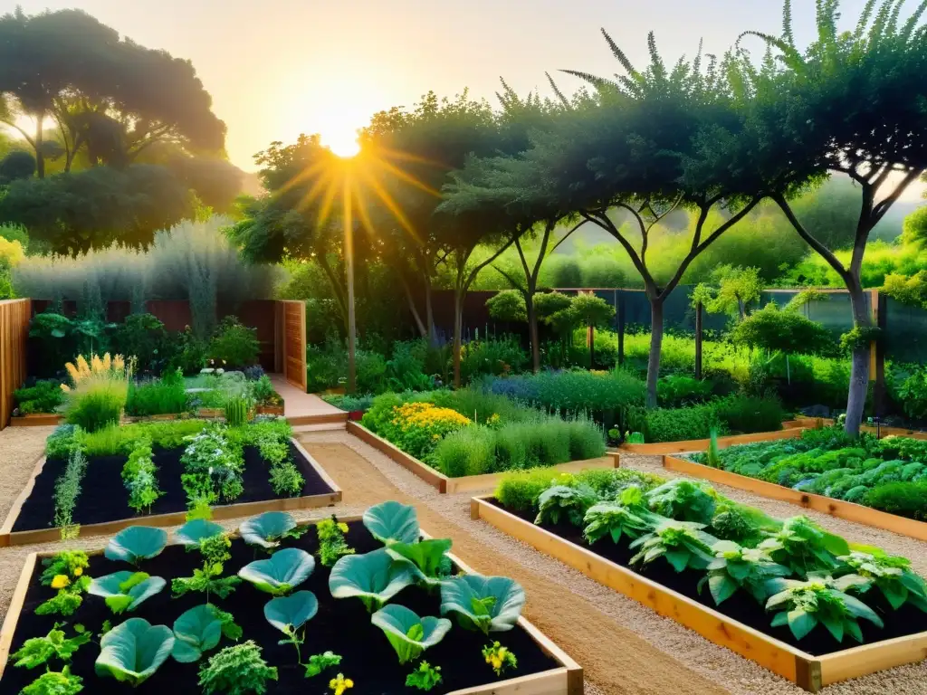 Un jardín exuberante de permacultura con camas elevadas repletas de vegetales y hierbas vibrantes, rodeado de árboles frutales