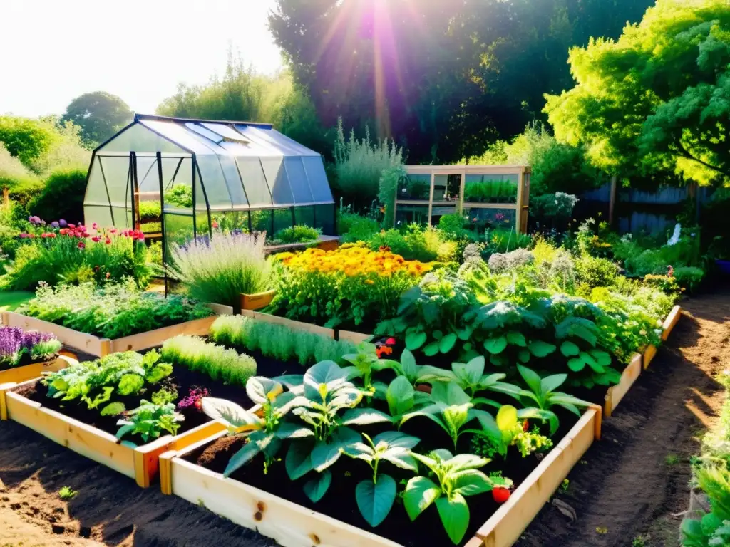 Un jardín exuberante de permacultura con huerto organizado y diverso, rodeado de árboles frutales y arbustos