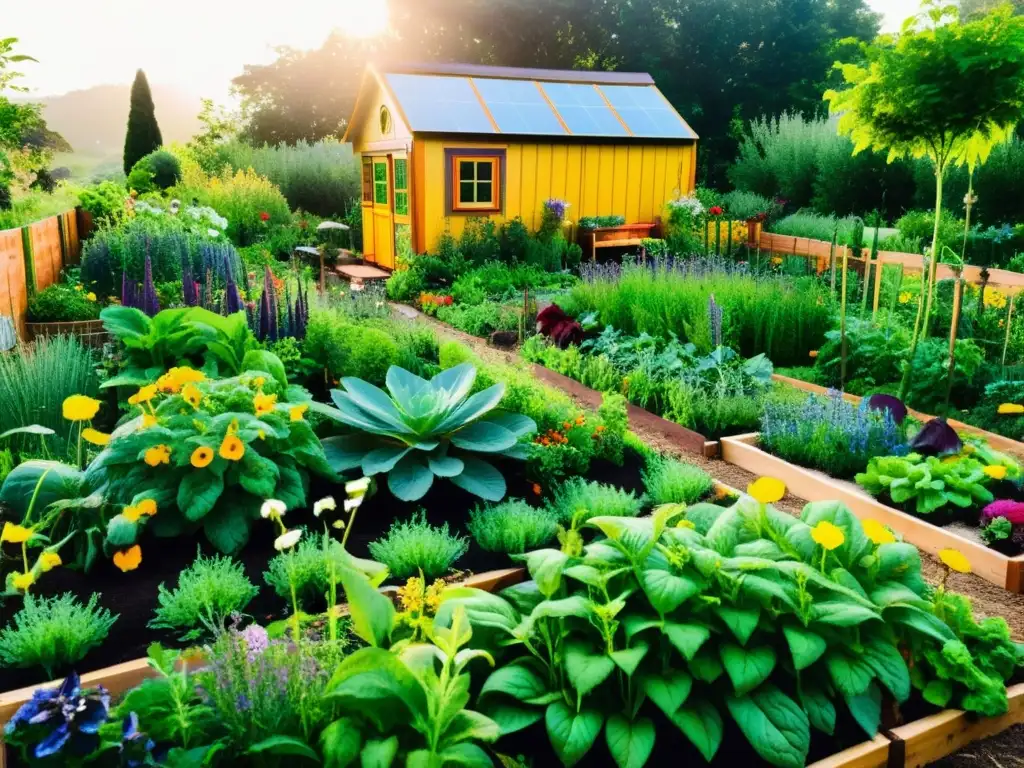 Un jardín exuberante de permacultura con huerto organizado, plantas coloridas y armonía