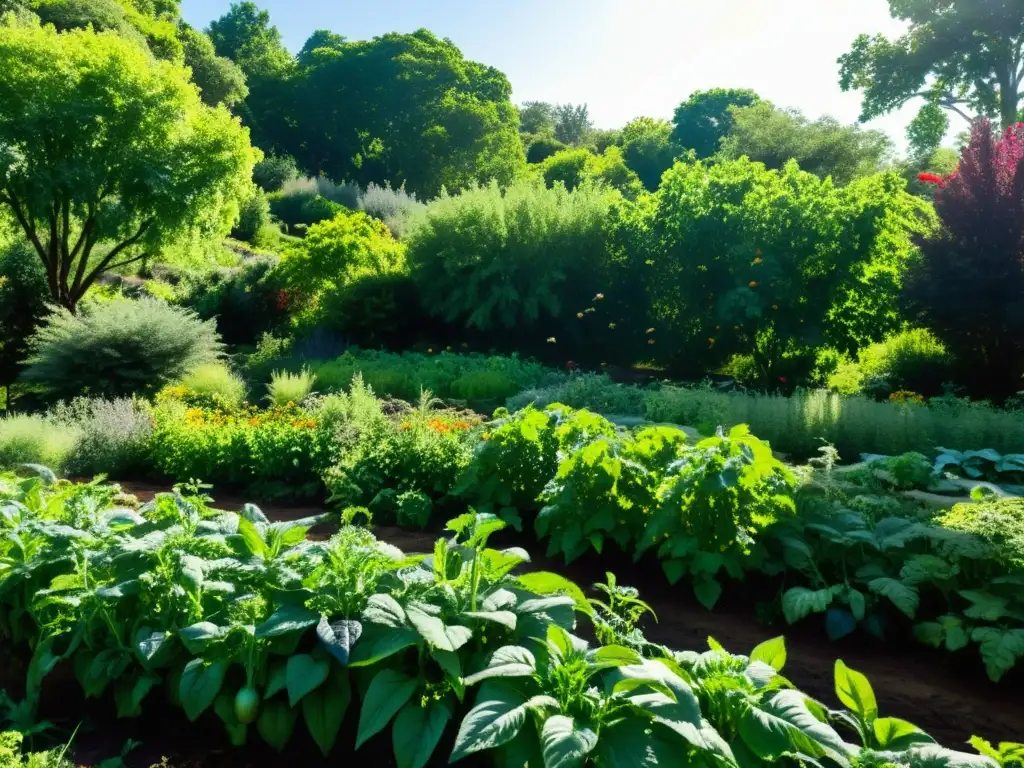 Un jardín exuberante de permacultura rebosante de cultivos vibrantes, intercalados como tomates, pimientos, calabazas y hierbas