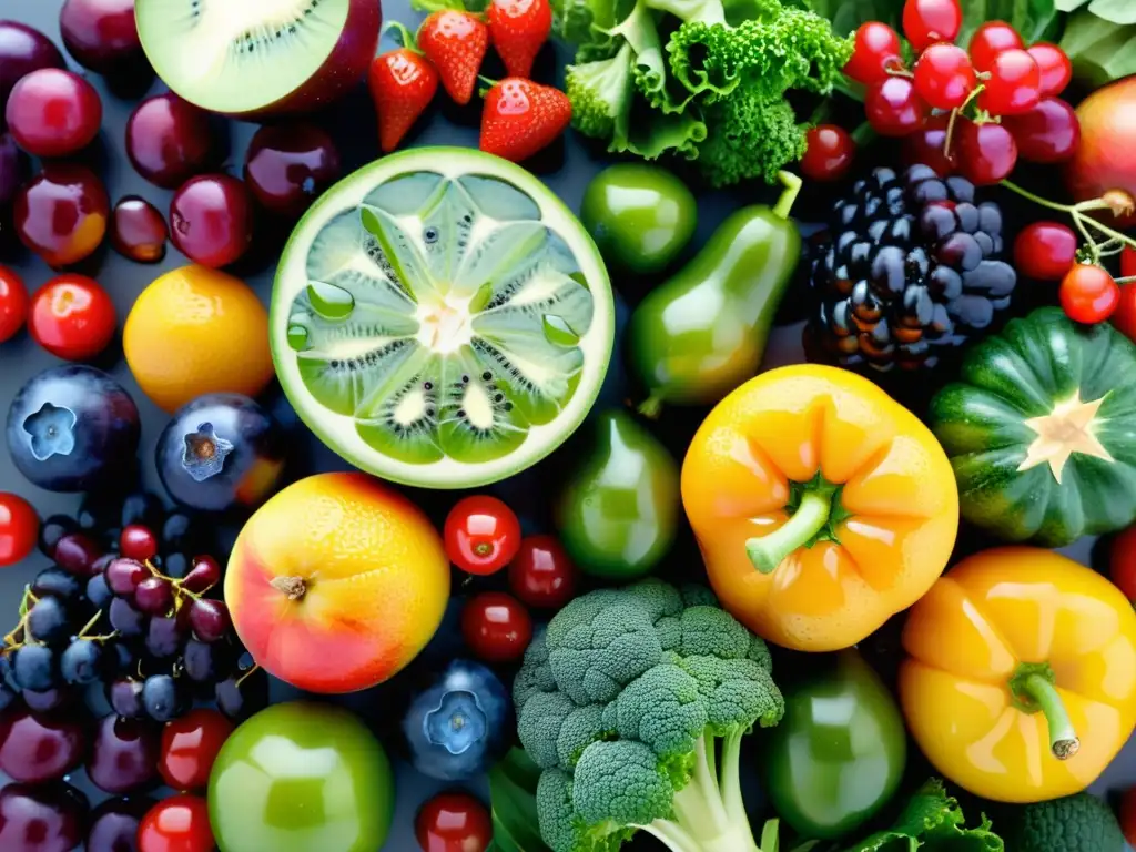 Una exuberante selección de frutas y verduras orgánicas frescas, con colores vibrantes y gotas de agua, ideal para recetas orgánicas sin cocinar