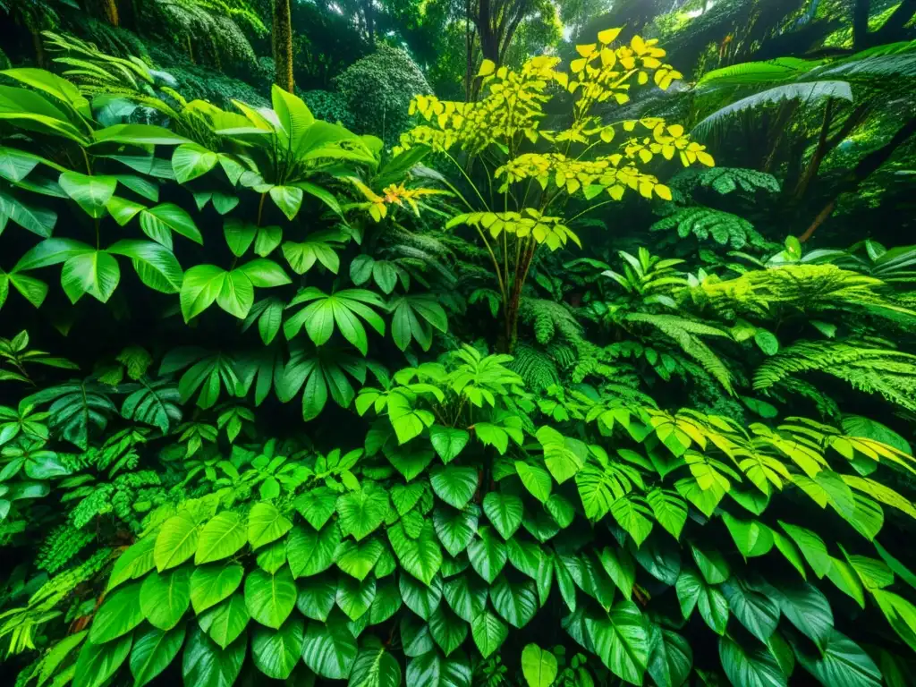 Esplendor tropical: luz y sombra en la selva exuberante Exuberante selva tropical con luz filtrada entre hojas y flores, mostrando la rica biodiversidad