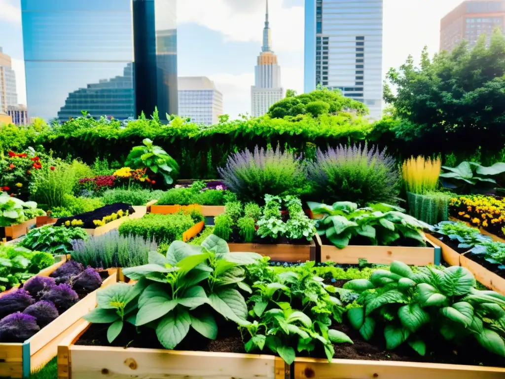 Un exuberante jardín urbano con cultivo de alimentos orgánicos en la ciudad, vibrante y lleno de vida, con una variedad de colores y texturas