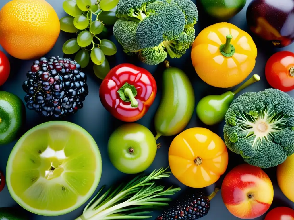Exuberante frescura: detallada composición de frutas y verduras orgánicas Exuberante variedad de frutas y verduras orgánicas en composición minimalista