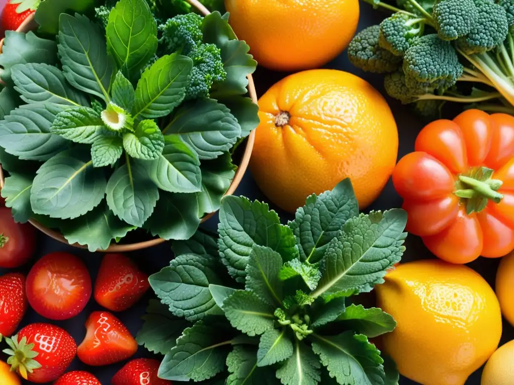 Una exuberante variedad de frutas y verduras orgánicas frescas, con colores vibrantes y texturas naturales