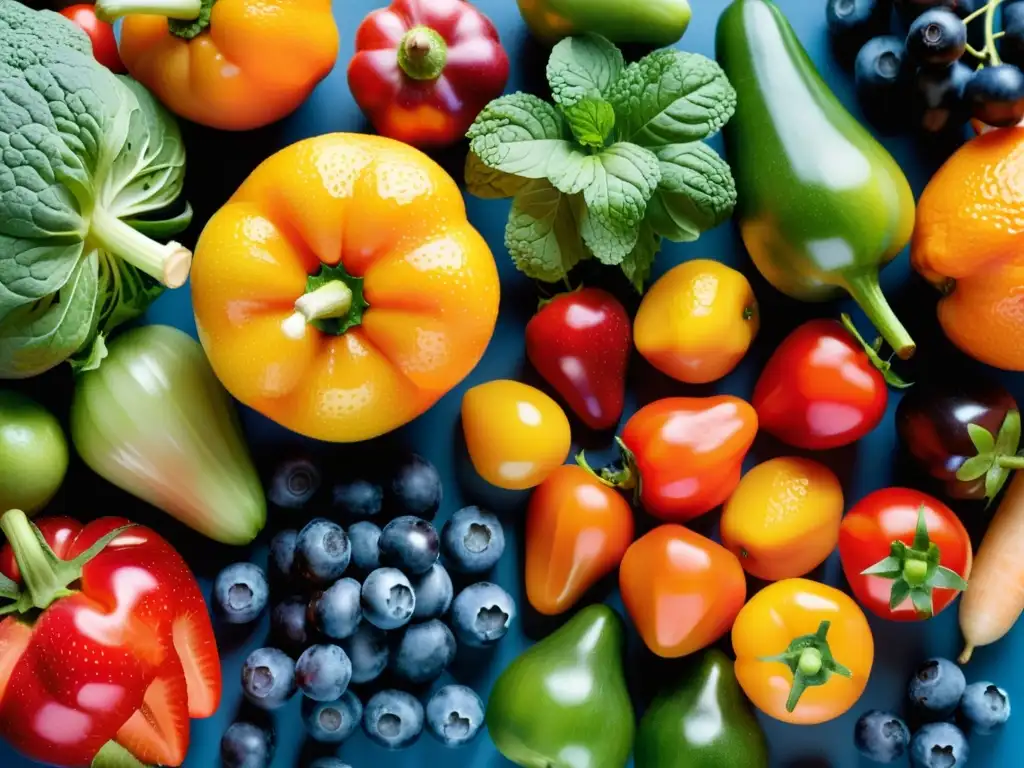 Una exuberante variedad de frutas y verduras orgánicas recién cosechadas, resplandeciendo en colores vivos y frescura