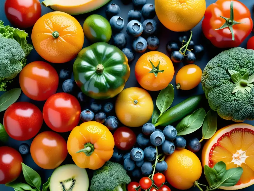 Una exuberante variedad de frutas y verduras orgánicas recién cosechadas, en una composición visualmente impactante