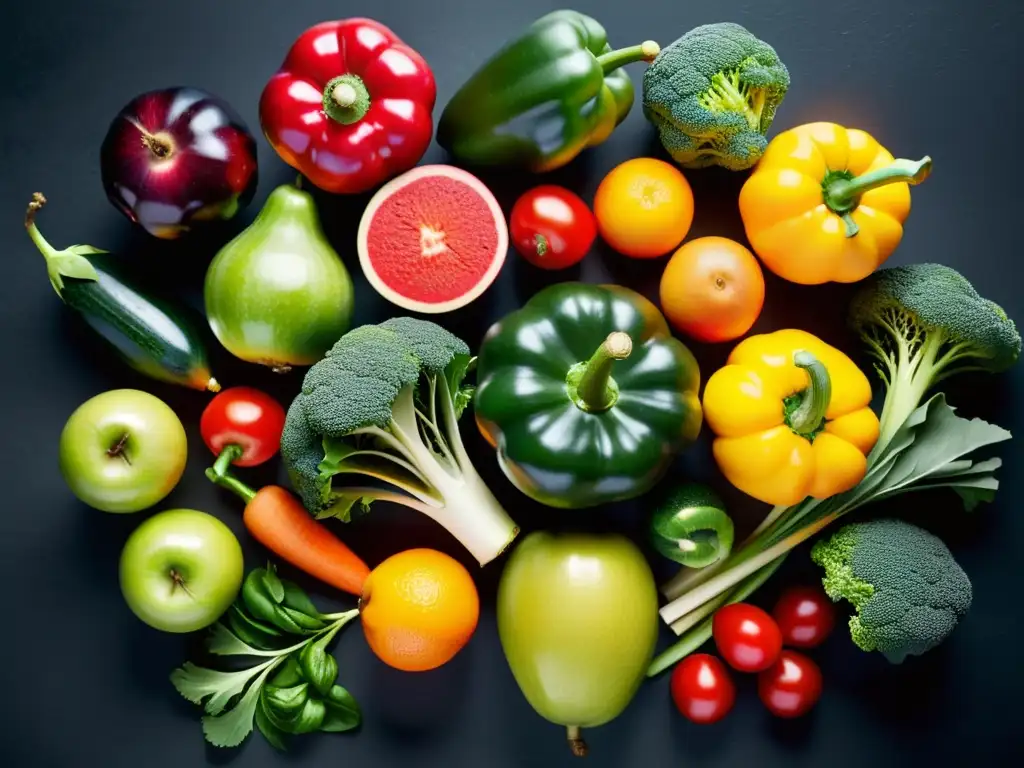 Una exuberante variedad de frutas y verduras orgánicas en un fondo oscuro, irradiando vitalidad y frescura