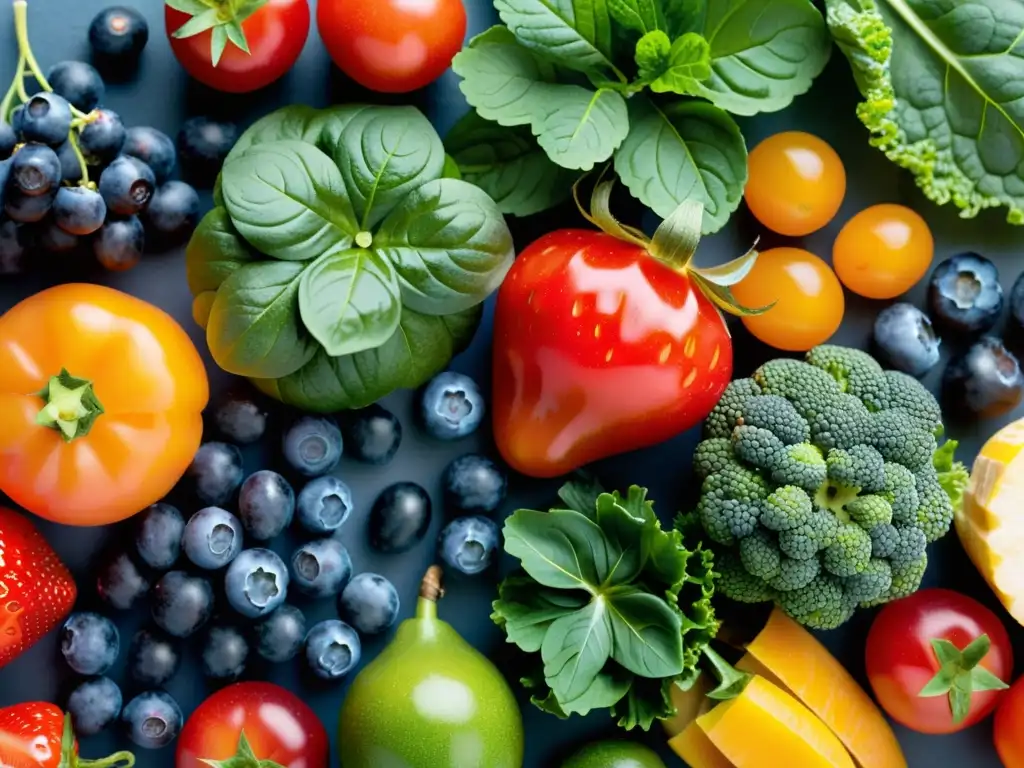 Una exuberante variedad de frutas y verduras orgánicas que apoyan la salud reproductiva femenina, desbordantes de vitalidad y color