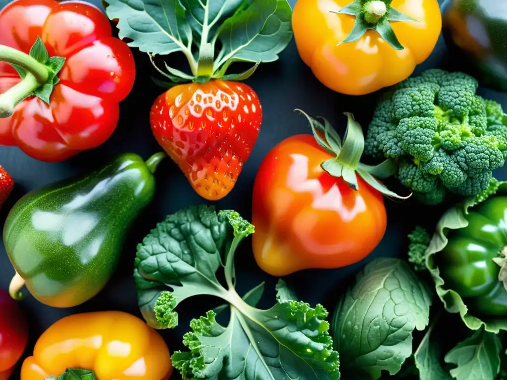 Una exuberante variedad de frutas y verduras orgánicas recién cosechadas, con colores vibrantes y texturas nítidas