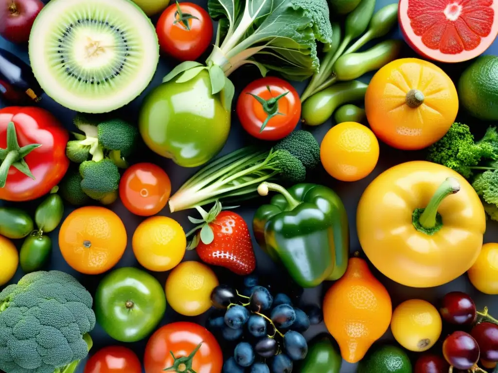 Una exuberante variedad de frutas y verduras orgánicas frescas, goteando agua y transmitiendo vitalidad