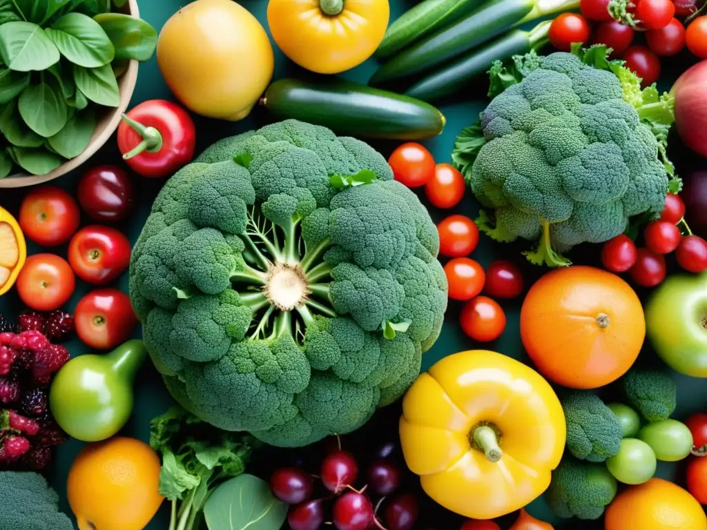 Una exuberante variedad de frutas y verduras orgánicas, frescas y coloridas, que representan los beneficios para la salud cardíaca