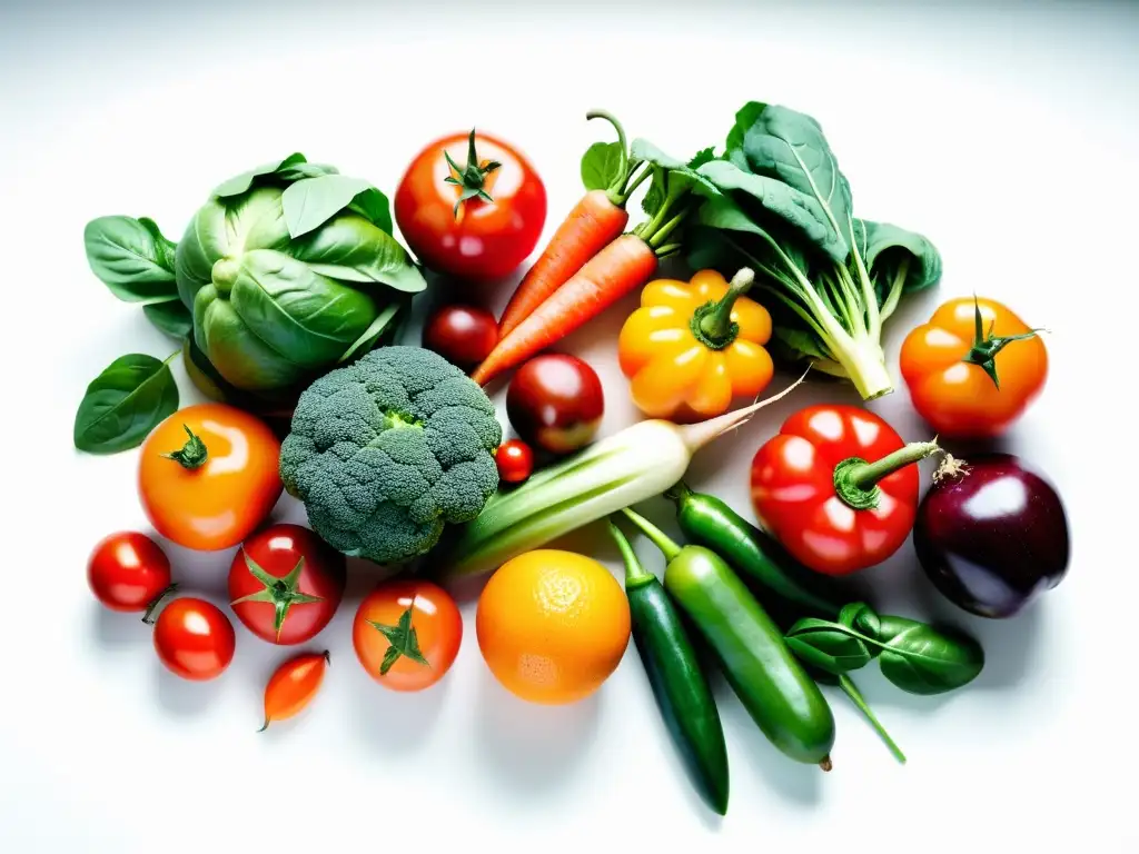 Una exuberante variedad de frutas y verduras orgánicas frescas, ordenadas con armonía en un fondo blanco