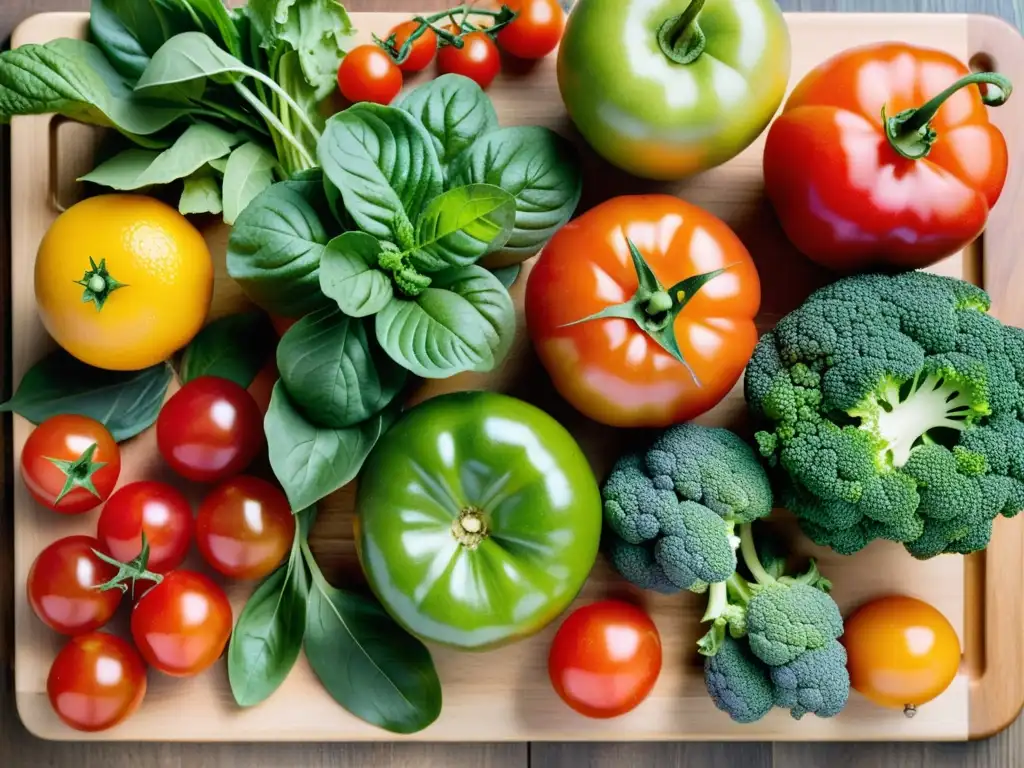 Una exuberante variedad de frutas y verduras orgánicas se encuentra en una tabla de cortar de madera, creando una exhibición visualmente atractiva