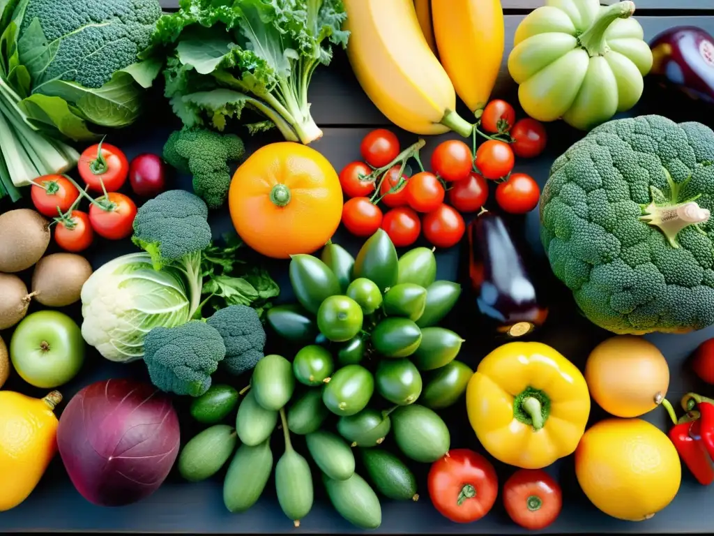 Una exuberante variedad de frutas y verduras orgánicas, mostrando colores y texturas vibrantes bajo la luz del sol