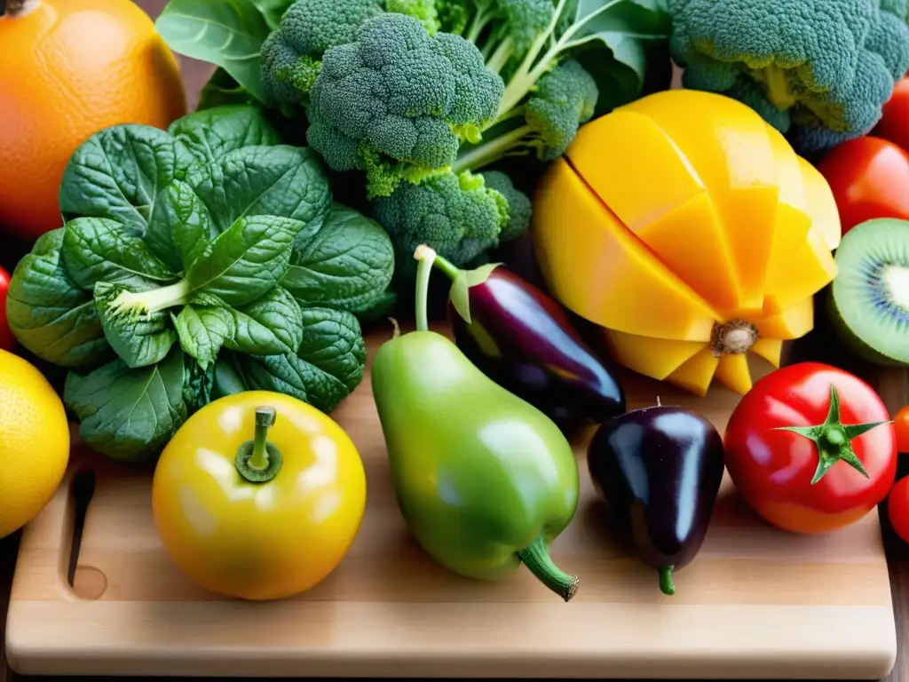 Una exuberante variedad de frutas y verduras orgánicas, frescas y coloridas, cuidadosamente dispuestas en una tabla de cortar de madera