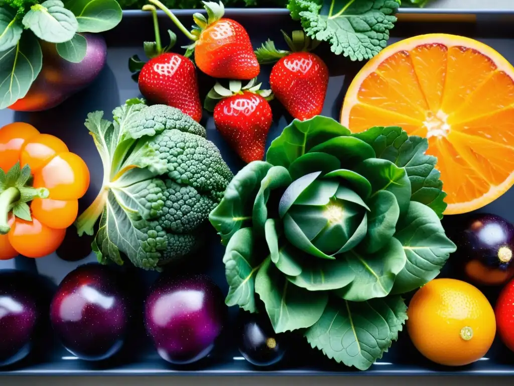 Una exuberante variedad de frutas y verduras orgánicas con colores vibrantes en una presentación artística