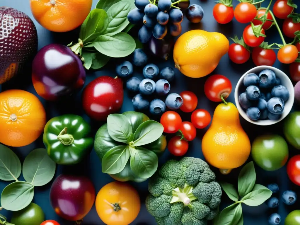 Una exuberante variedad de frutas y verduras orgánicas, con colores y texturas naturales