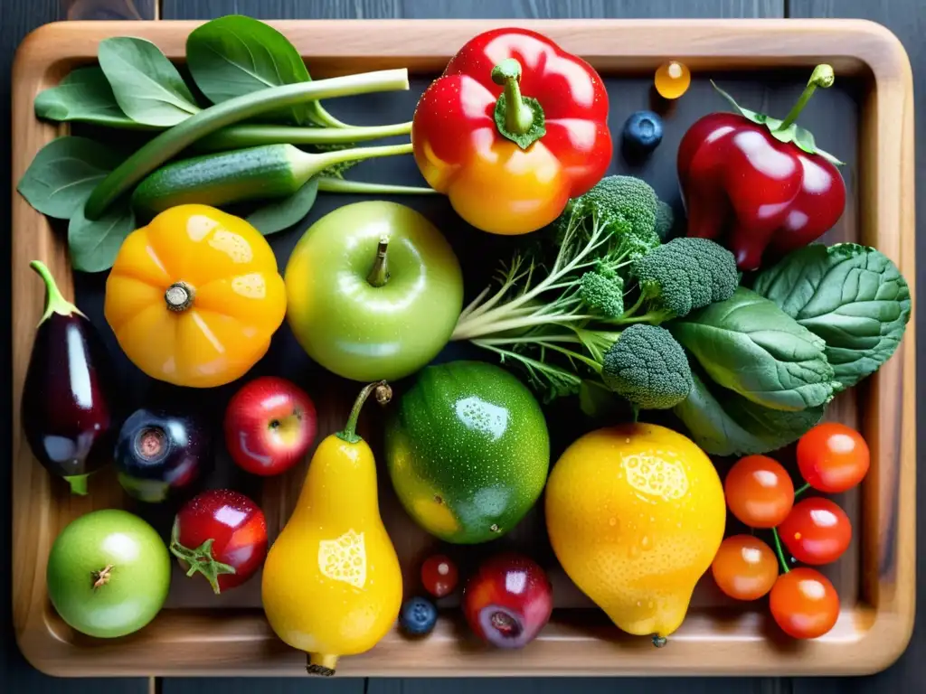 Una exuberante variedad de frutas y verduras orgánicas en un tablero de cortar de madera