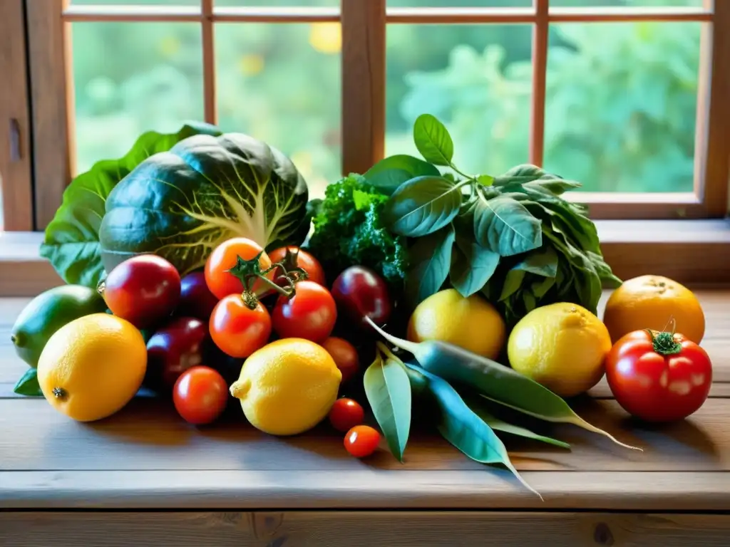 Una exuberante variedad de frutas y verduras frescas de temporada, cuidadosamente dispuestas sobre una mesa de madera rústica