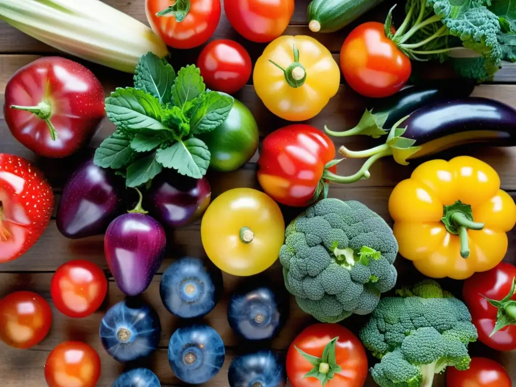 Una exuberante variedad de frutas y verduras orgánicas recién cosechadas, dispuestas de forma armoniosa en una mesa de madera rústica